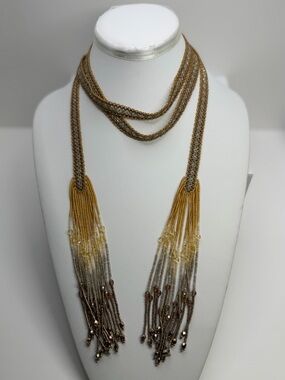 Gold and Brown Beaded Tassel Necklace